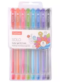 Ручки гелевые 08цв "Solo ColorGel" 0,5мм, пластик.пенал, подвес, Hatber